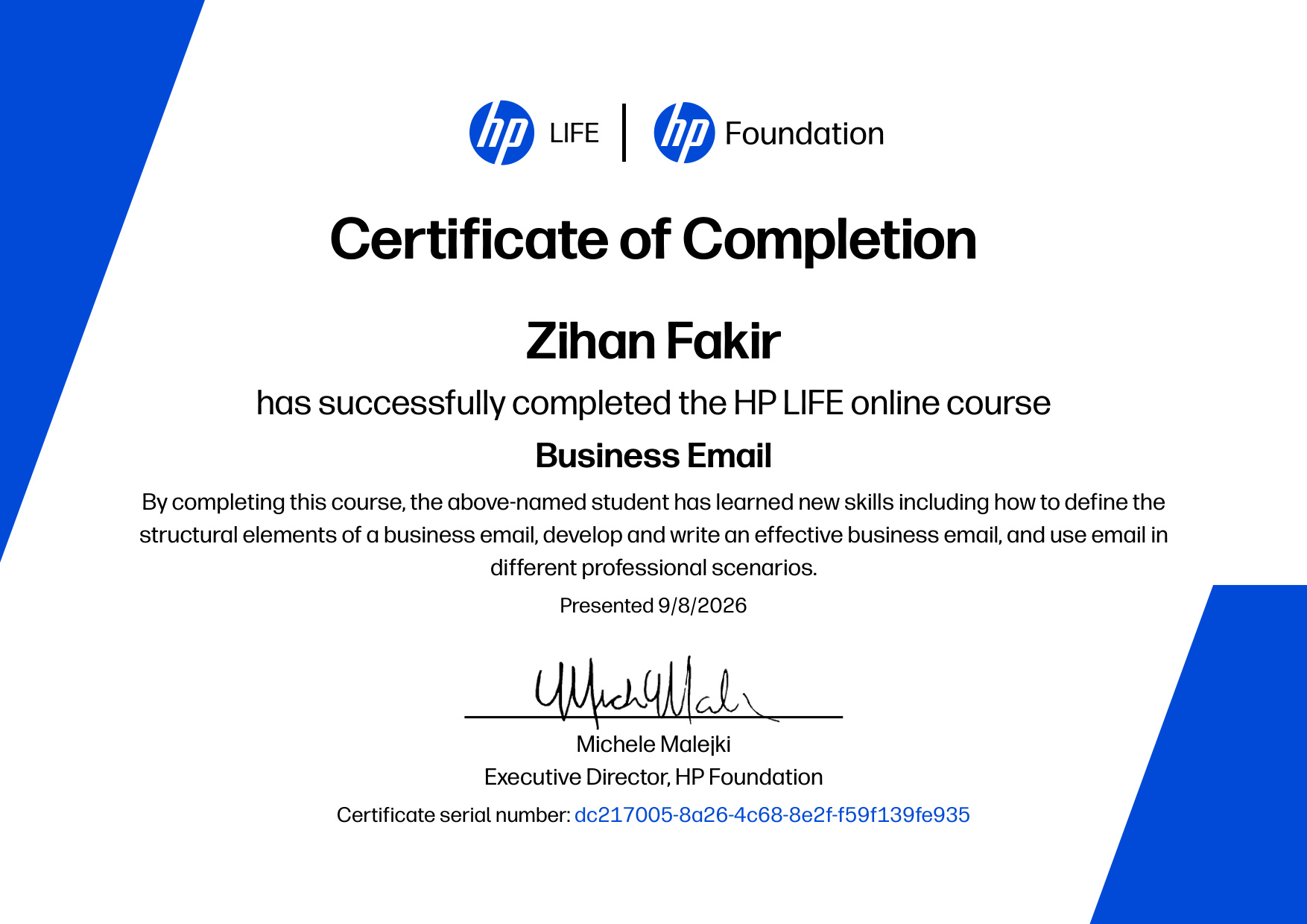HP LIFE Business Email Certificate